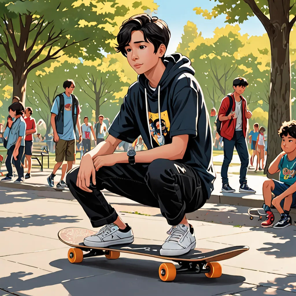 a boy sitting on a skateboard in a park with people walking around him and a tree in the background, american scene painting, a comic book panel, David Park, stanley artgerm lau