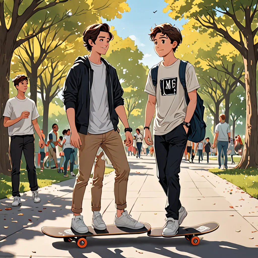 two young men standing on a skateboard on a sidewalk in a park with people walking and sitting on the sidewalk, american scene painting, a comic book panel, Asaf Hanuka, official art