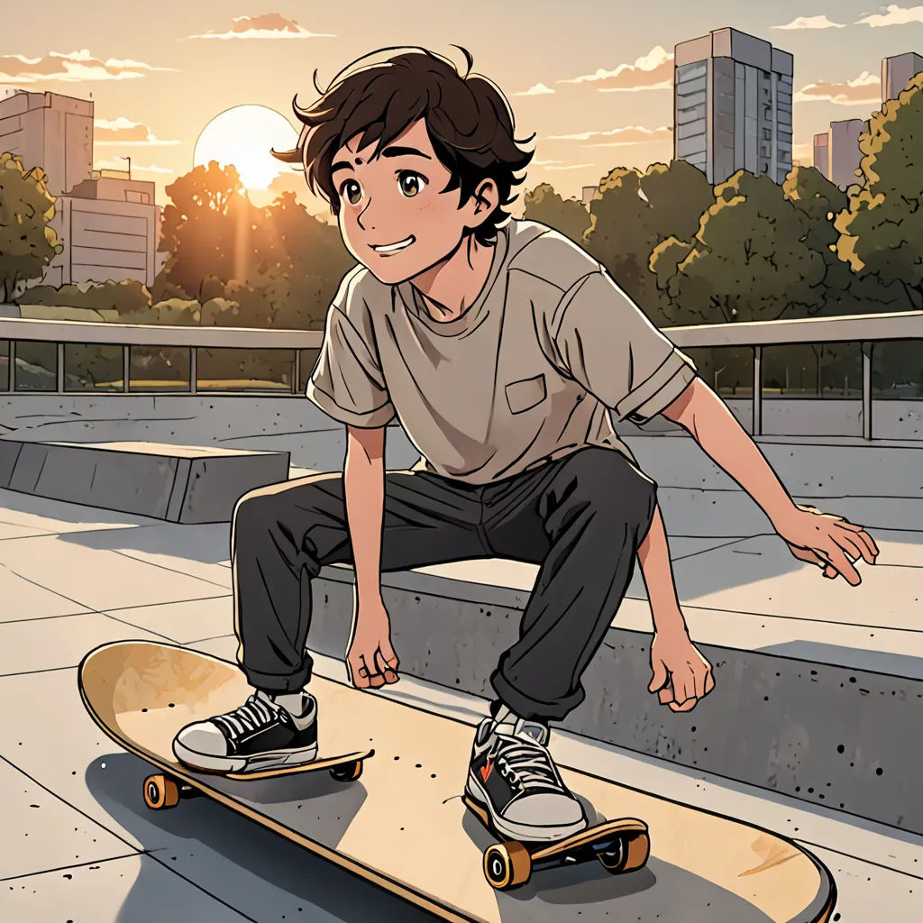a boy is sitting on a skateboard in a park at sunset or sunrise time, with the sun shining behind him, dau-al-set, a comic book panel, Asaf Hanuka, yukito kishiro