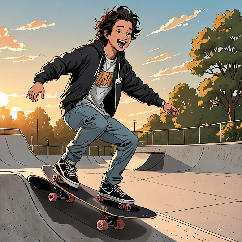 a boy is riding a skateboard on a ramp at a skate park at sunset or dawn with the sun behind him, photorealism, a comic book panel, Cliff Childs, comic cover art