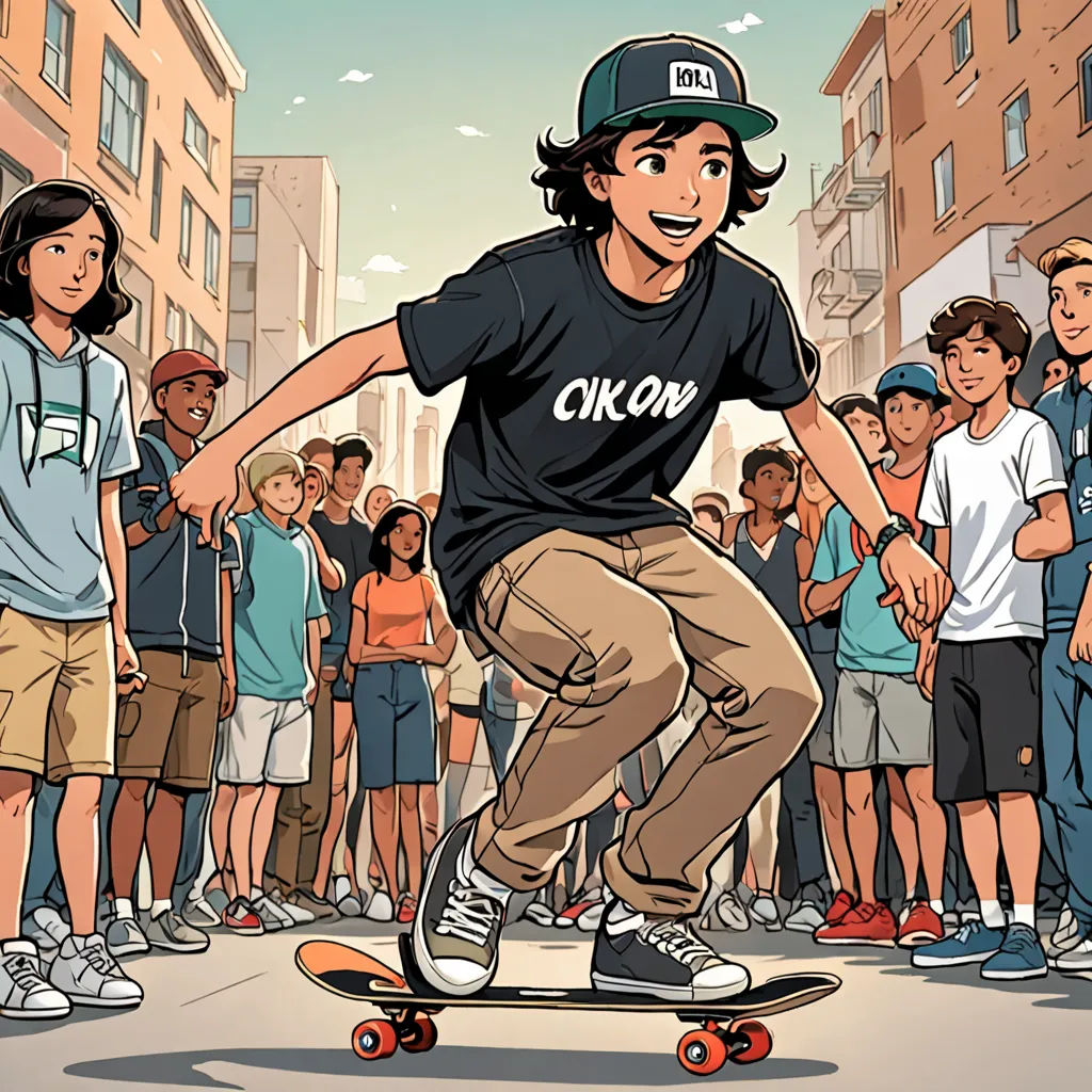 a cartoon of a skateboarder riding a skateboard in front of a crowd of people on a city street, underground comix, a comic book panel, Cliff Childs, graphic novel