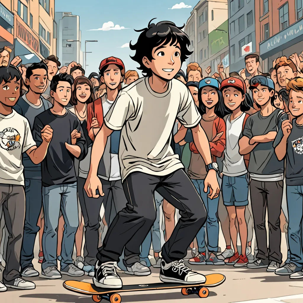 a cartoon of a boy on a skateboard in front of a crowd of people on a street corner, underground comix, a comic book panel, Asaf Hanuka, graphic novel