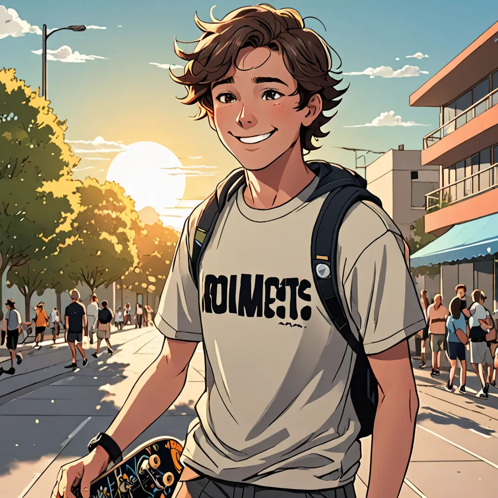a man with a skateboard in his hand on a street with people walking by and buildings in the background, rayonism, a comic book panel, Cedric Seaut (Keos Masons), rossdraws global illumination