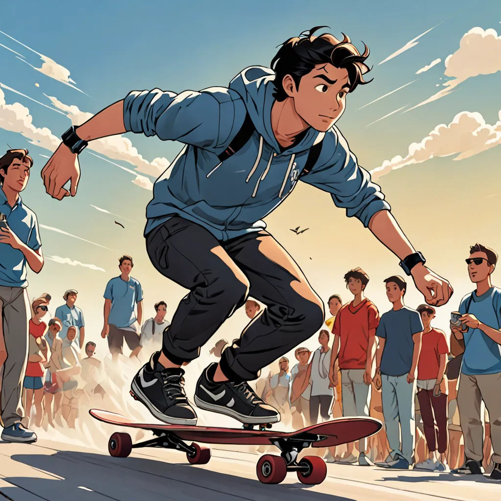 a man riding a skateboard down a street next to a crowd of people on a sunny day with a sky background, cubo-futurism, a comic book panel, Asaf Hanuka, rossdraws global illumination