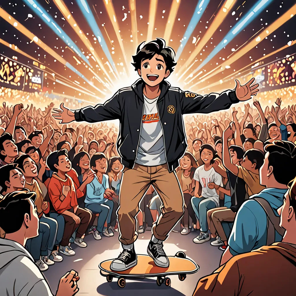 a cartoon of a man on a skateboard in front of a crowd of people with arms outstretched and hands out, lyco art, a comic book panel, Basuki Abdullah, official art