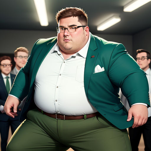 a man in a green suit and glasses is standing in front of a group of men in suits and ties