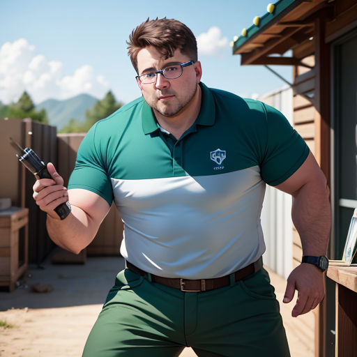 a man in a green and white shirt holding a tool and a bottle of wine in his hand while standing outside