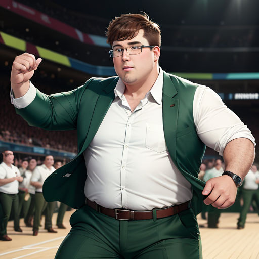 a man in a green vest and glasses dancing in a crowd of people in a stadium with a basketball court