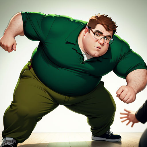 a fat man in a green shirt and green pants is standing in front of a black ball and a white background