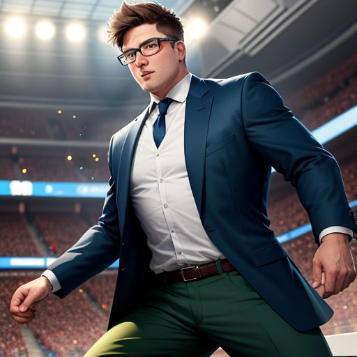 a man in a suit and tie standing in a stadium with a stadium background and lights on the ceiling
