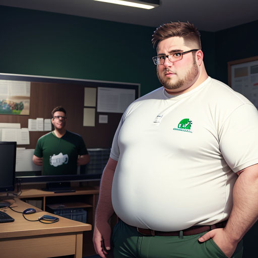 a man in a green shirt standing in front of a computer monitor and a man in a green shirt