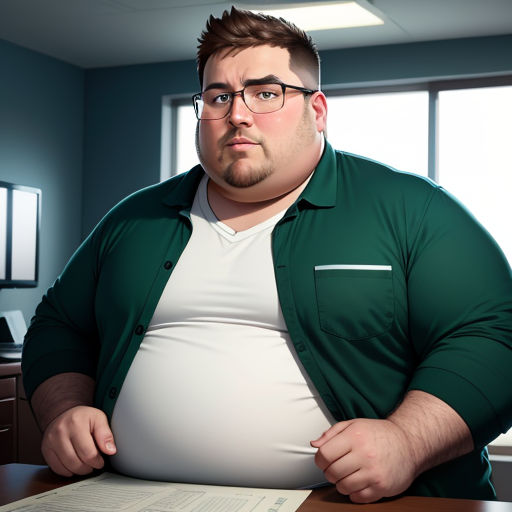 a fat man in a green shirt is holding his stomach and looking at the camera while standing in front of a desk