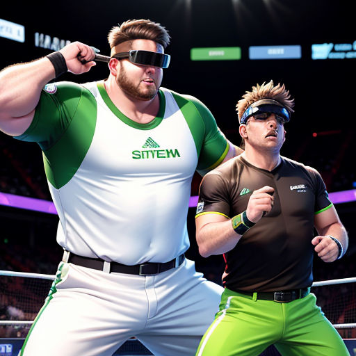 two men in a wrestling ring wearing virtual glasses and green pants and one is holding a fist up to his head