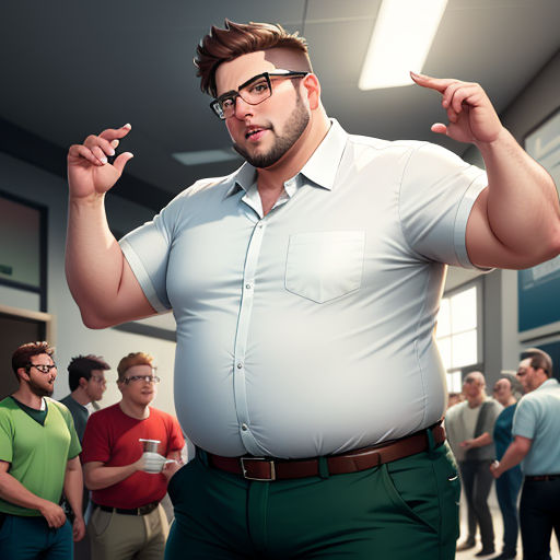 a man in a white shirt and green pants pointing to something while others watch him in a room with a ceiling light