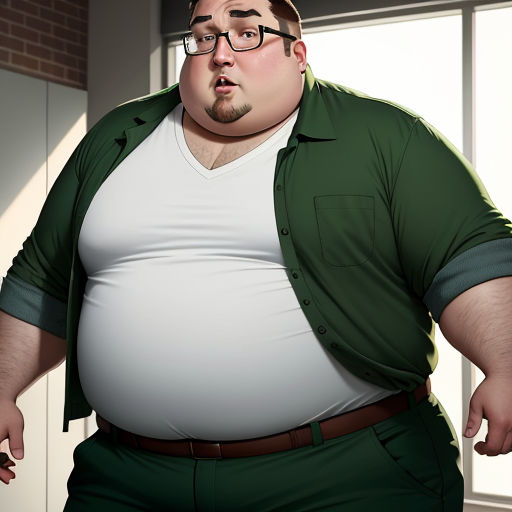 a fat man in a green shirt and glasses is standing in front of a window and looking at the camera