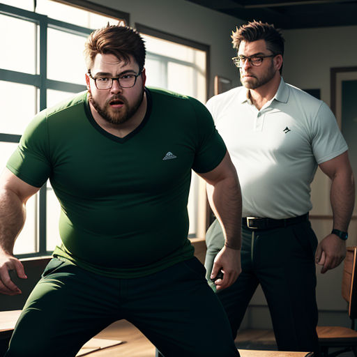 a man in a green shirt and a man in a white shirt are standing in a room with a table