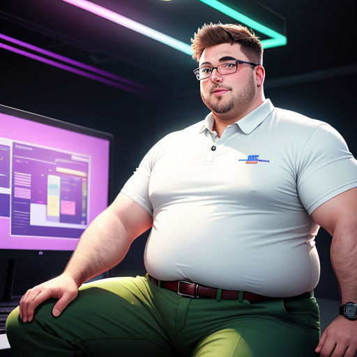 a man sitting in front of a computer monitor with a big belly and glasses on his head, in a dark room