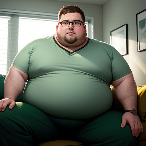 a fat man sitting on a couch in a living room with a window behind him and a green shirt on
