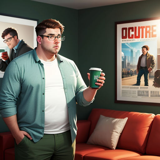 a man holding a cup of coffee in a living room with a movie poster on the wall behind him