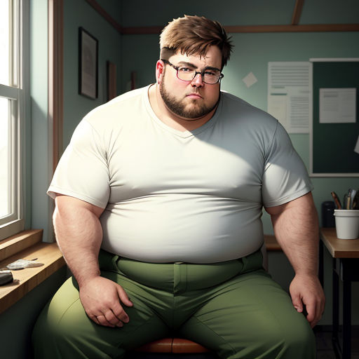 a man sitting on a stool in a room with a window and a desk in front of him, with a large fat man in a white shirt and green pants
