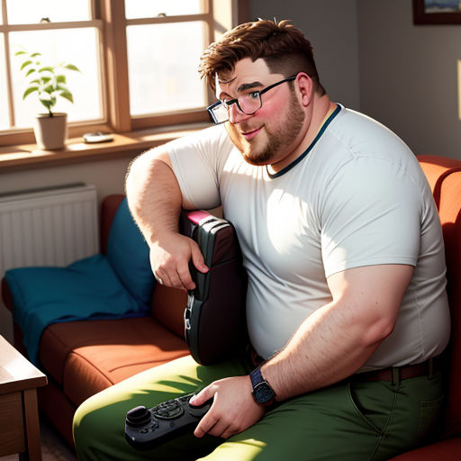 a man sitting on a couch holding a remote control in his hand and a bag in his other hand
