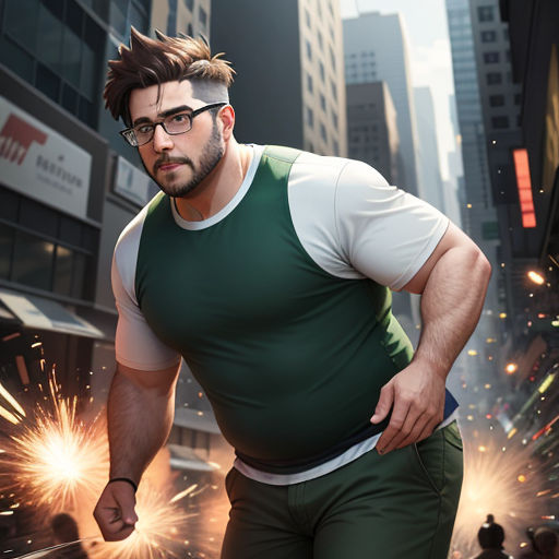 a man in a green vest and glasses is running through a city street with fireworks in his hand and a cityscape in the background