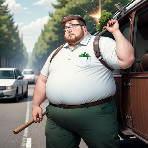 a man with a large belly holding a stick and a green plant in his hand while standing next to a car