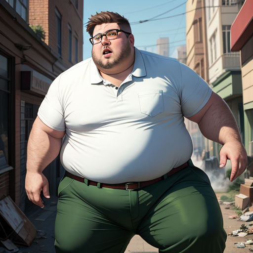 a man in a white shirt and green pants is standing in the street with a large belly and a cigarette in his mouth