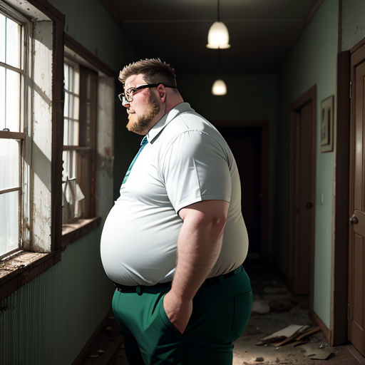 a man in a white shirt and green pants standing in a room with a window and a door in the background