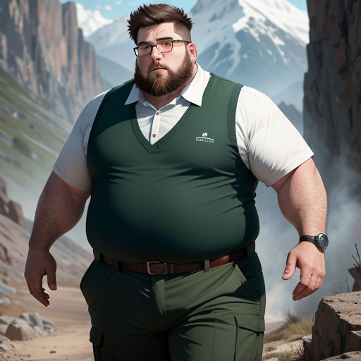 a man with a beard and glasses is walking in the mountains with a large green vest on his body