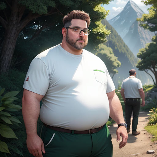 a man in a white shirt and green pants standing on a path with a man in a white shirt and green pants