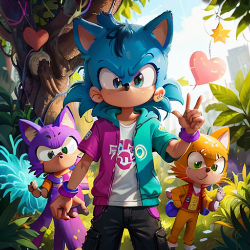 a cartoon character with a group of cats in the jungle with balloons and hearts hanging from the tree,