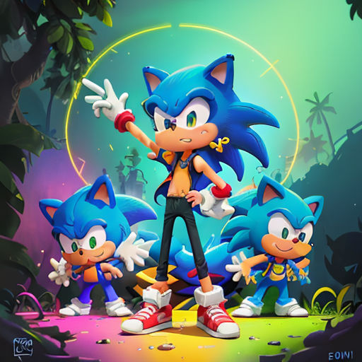 a group of sonic characters standing in front of a forest with a sun in the background and a blue sky