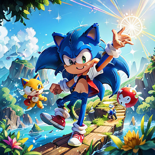 a sonic character is running across a bridge with other characters in the background and a sky background with flowers and trees