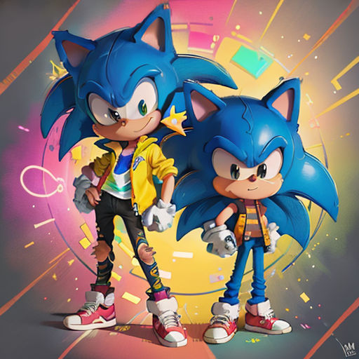two cartoon characters are standing next to each other in front of a colorful background with a bright background and a yellow and blue background