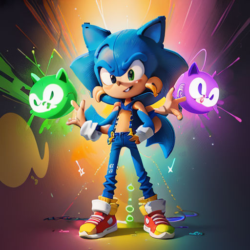 a cartoon character holding a cat and a cat ball in his hands with a cat on his chest and a cat on his arm
