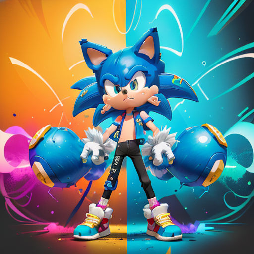 a sonic the hedge character is holding a blue ball and a pair of sneakers is in front of a colorful background