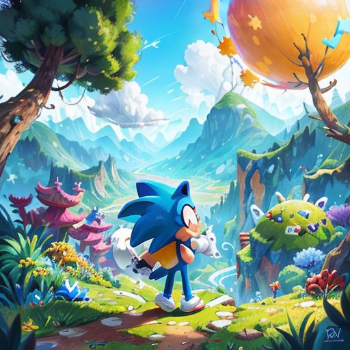 a sonic character in a cartoon style with a sky background and trees and mountains in the background, and a cat in the foreground