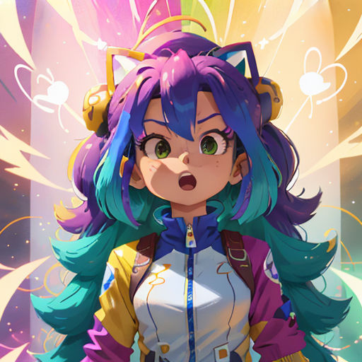 a girl with blue hair and a cat ears on her head, standing in front of a colorful background