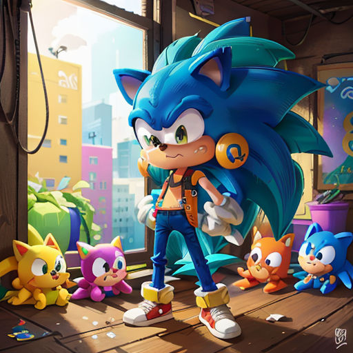 a cartoon character with a bunch of toys in front of him and a cat on the floor in front of him