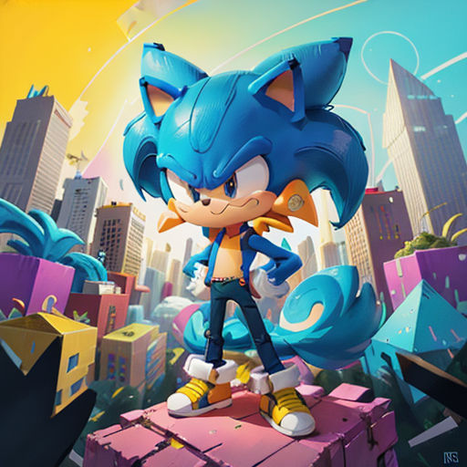 a sonic the hedge character standing on top of a box in front of a city skyline with buildings and skyscrapers