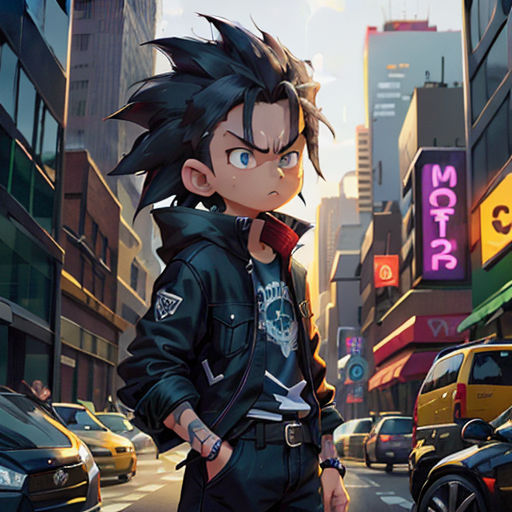 a young man standing in the middle of a city street with a black jacket on and a black jacket on