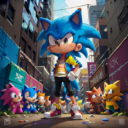 a cartoon character with a bunch of sonic characters in the background of a city street with buildings and signs