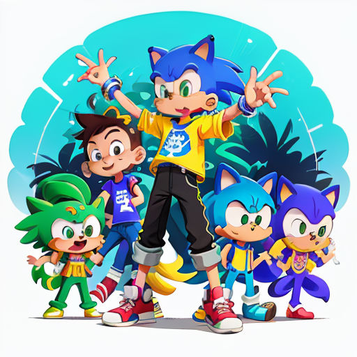 a group of cartoon characters standing next to each other in front of a blue background with a white background