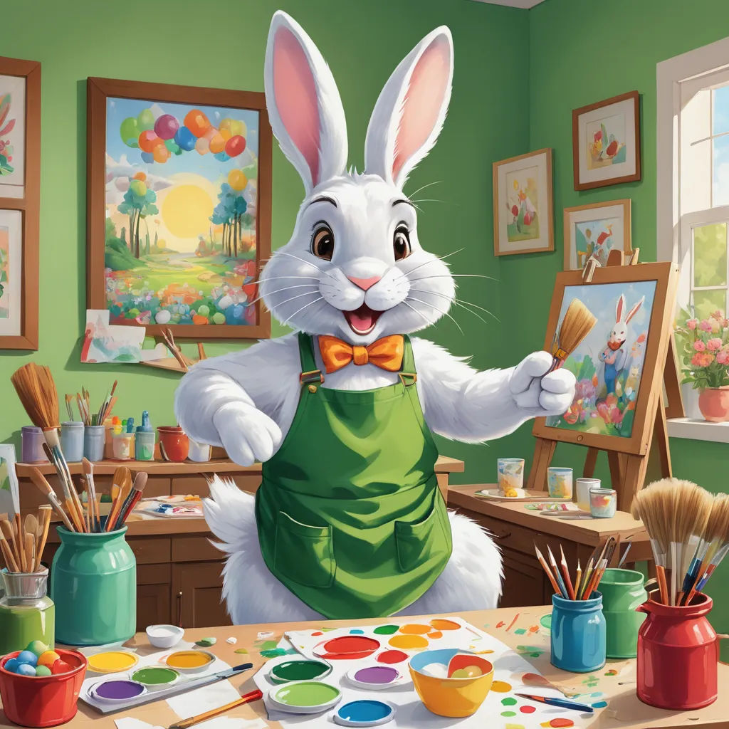 a painting of a rabbit in a green apron painting a picture of a bunny in a green apron with paintbrushes, naive art, a detailed painting, artist, professional digital painting