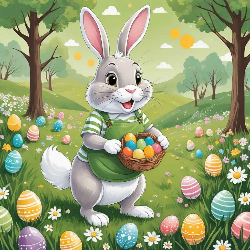 a bunny holding a basket of eggs in a field of flowers and trees with eggs in the grass and trees, naive art, a storybook illustration, Beatrix Potter, highly detailed digital art