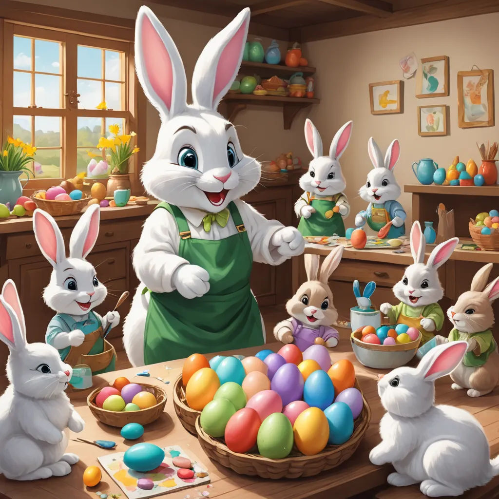 a cartoon easter scene with a bunny and many other rabbits in the kitchen with a basket of eggs and a basket of eggs, furry art, a detailed painting, Drew Struzan, official art