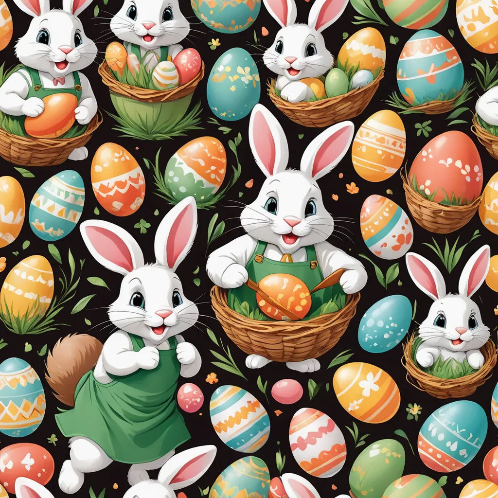 a group of rabbits sitting in front of baskets of eggs with painted eggs in them on a black background, naive art, computer graphics, Beatrix Potter, highly detailed digital art