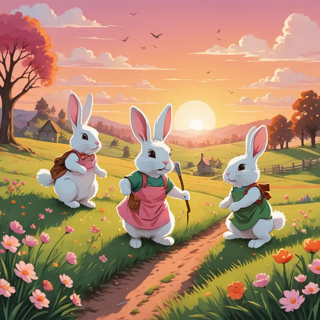two rabbits are walking in a field with flowers and a sunset in the background, with a path leading to them, fantasy art, a storybook illustration, Dan Mumford, official art