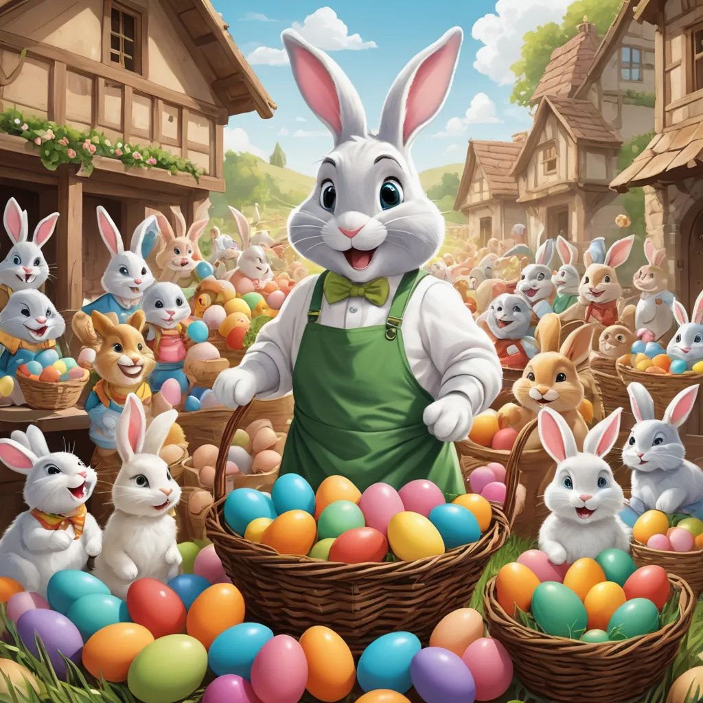 a cartoon bunny with many eggs in a basket and a bunch of other bunnies in the background with a house, furry art, a digital rendering, Drew Struzan, furaffinity